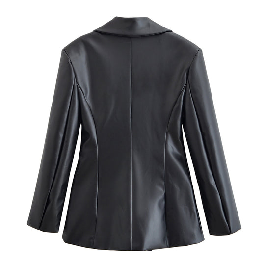 Damen Taillierter Longline-Kunstlederblazer mit Ein-Knopf-Verschluss und Pattentaschen Nord Taschen