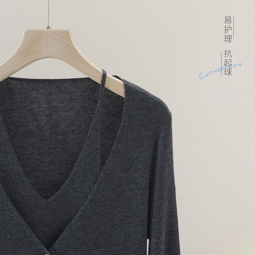 Damen feiner Rippstrick-Cardigan mit integriertem Spaghettitop und tiefem V-Ausschnitt Nord Taschen