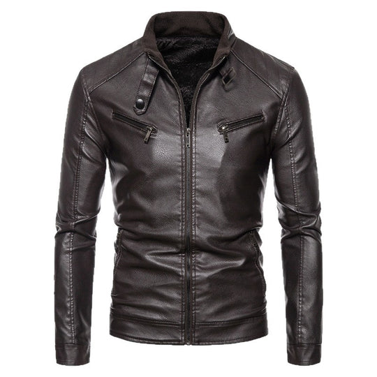 Herren Slim-Fit Kunstleder-Bikerjacke mit Stehkragen, Reißverschlusstaschen und weichem Innenfutter Nord Taschen