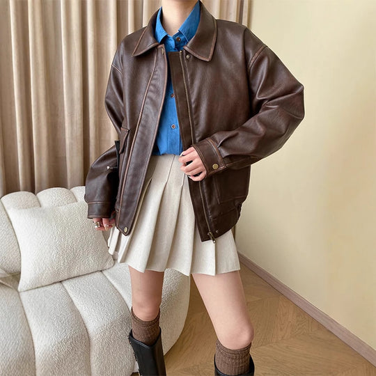 Damen Oversize-Lederimitatjacke mit Hemdkragen und Reißverschluss Nord Taschen