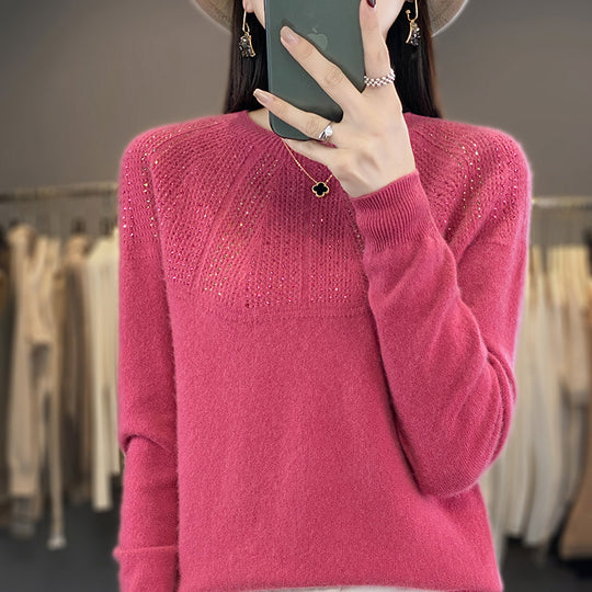 Damen Weicher Kaschmir‑Optik Feinstrickpullover mit Ajour‑Yoke und Paillettenbesatz Nord Taschen
