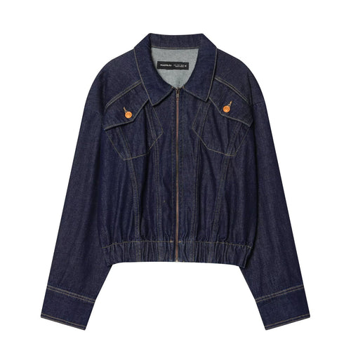 Damen Kurze Jeansjacke mit Reißverschluss, taillierter Kordelraffung und Western‑Details Nord Taschen