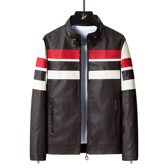 Herren Biker-Lederjacke im Racing-Look mit Kontraststreifen und Stehkragen Nord Taschen