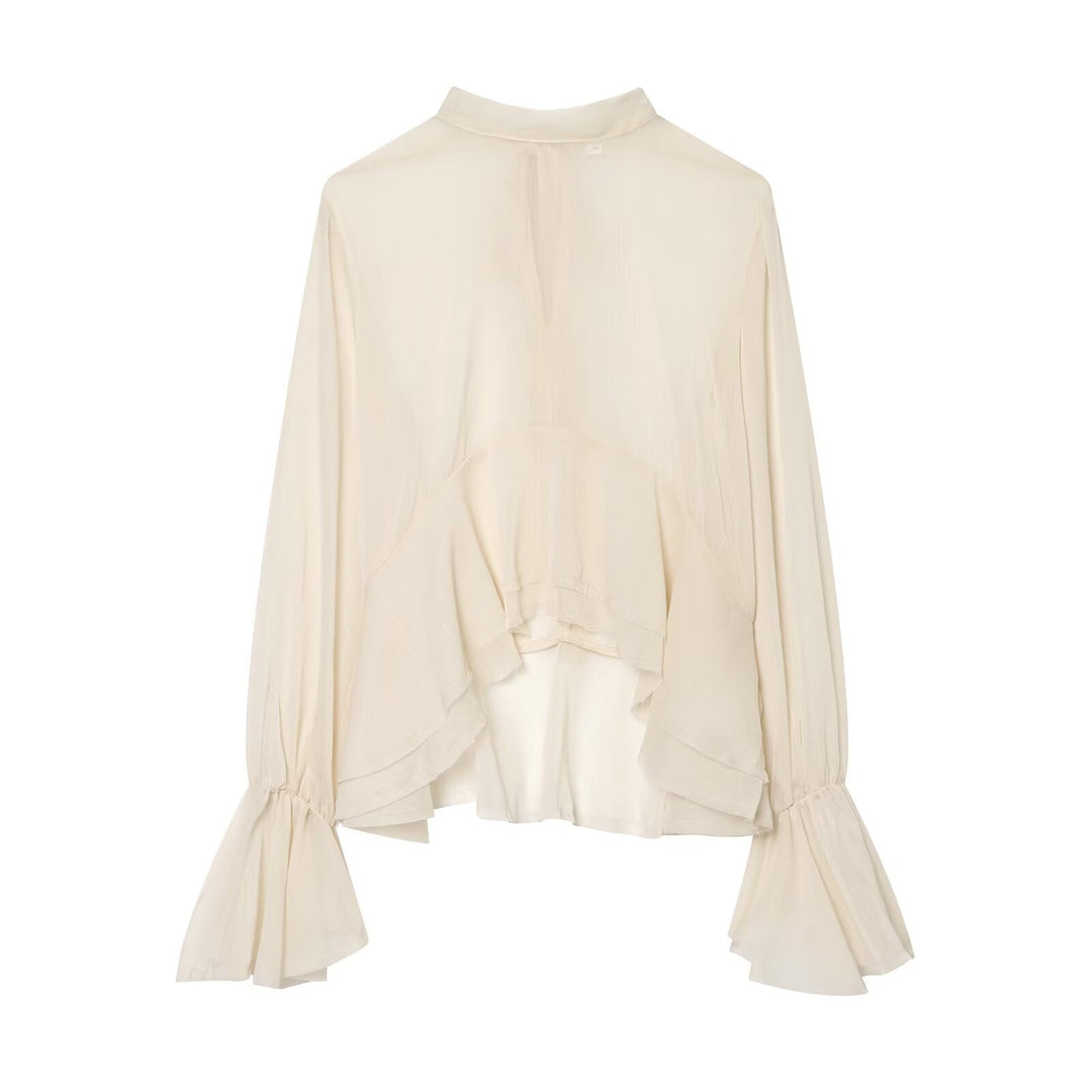 Damen Asymmetrische Volant-Bluse mit hohem Vorderteil, tiefem Rückteil und Trompetenärmeln Nord Taschen