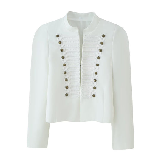 Damen Cropped‑Blazer im Militärstil mit Stehkragen und Zierkordierungen Nord Taschen