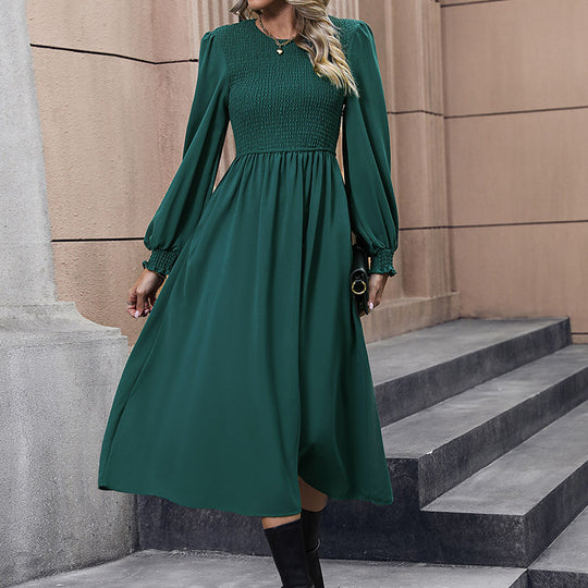 Damen Midikleid mit smockbesetztem Oberteil, taillierter A‑Linie & langen Ballonärmeln Nord Taschen