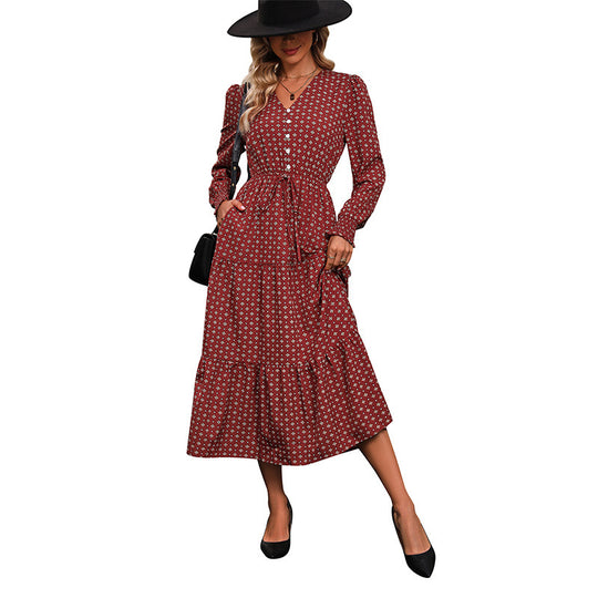 Damen Midikleid im Boho-Stil mit V-Ausschnitt, durchgehender Knopfleiste, Kordel-Taille und mehrstufigem Volantrock Nord Taschen