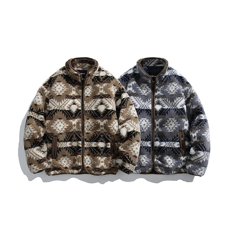Unisex Teddy-Fleecejacke im Aztekenmuster mit Stehkragen und durchgehendem Reißverschluss Nord Taschen