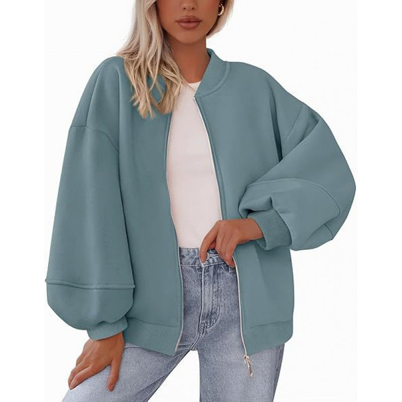 Damen lässige Oversized-Jacke mit Reißverschluss und ballonen Ärmeln