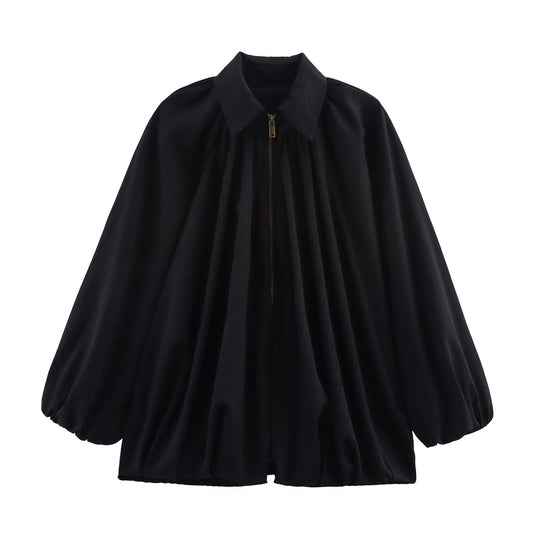 Damen Weite plissierte Cape-Übergangsjacke mit Reißverschluss und ballonförmigem Saum Nord Taschen