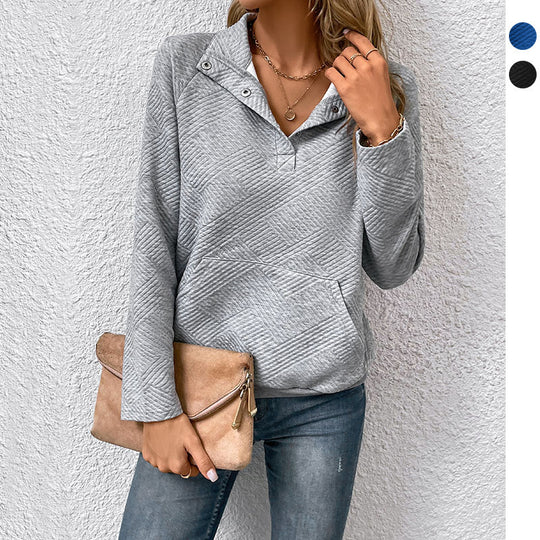 Damen Steppstrukturiertes Sweatshirt mit Druckknopfkragen, V‑Ausschnitt und Kängurutasche Nord Taschen