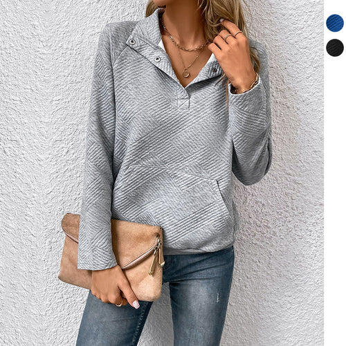 Damen Steppstrukturiertes Sweatshirt mit Druckknopfkragen, V‑Ausschnitt und Kängurutasche Nord Taschen