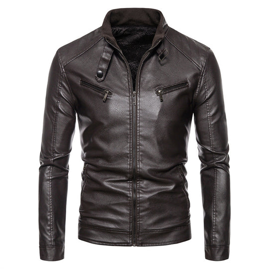 Herren Slim-Fit Kunstleder-Bikerjacke mit Stehkragen, Reißverschlusstaschen und weichem Innenfutter Nord Taschen