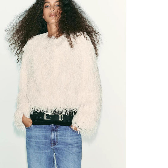 Damen Flauschiger Fransen-Pullover im Boxy-Cut Nord Taschen
