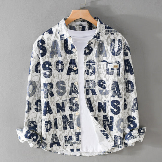 Herren Lockeres Hemdjacken-Overshirt mit Allover-Letterprint und Vintage‑Schlangenstruktur Nord Taschen
