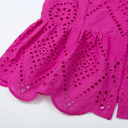 Damen Ärmelloses Baumwoll-Broderie Kleid mit Stehkragen, Knopfleiste und Stufenvolant Nord Taschen