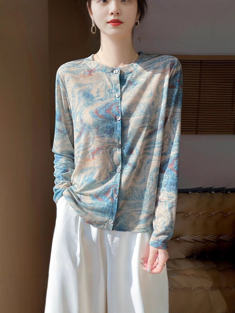 Damen Leichter Aquarell‑Print Feinstrick‑Cardigan mit Rundhalsausschnitt und Knopfleiste Nord Taschen