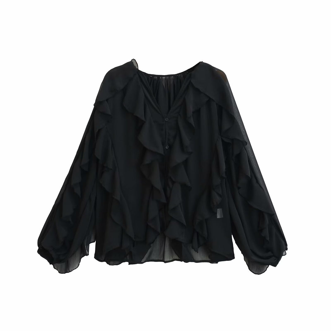 Damen Volant-Chiffonbluse mit Knopfleiste, gerafftem Ausschnitt und Ballonärmeln Nord Taschen
