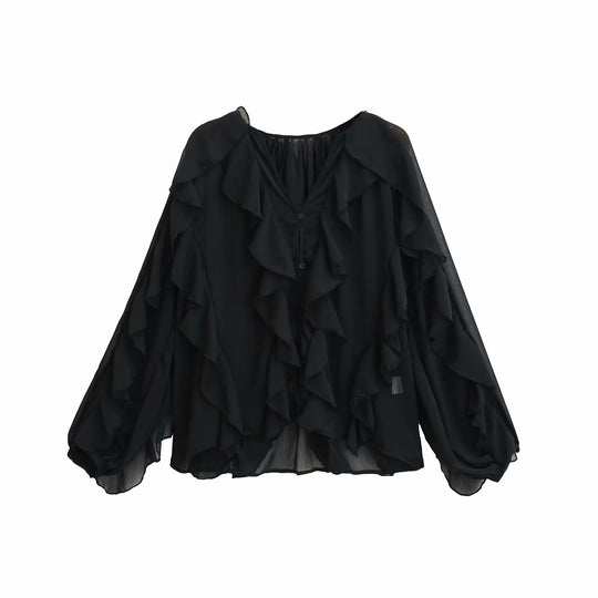 Damen Volant-Chiffonbluse mit Knopfleiste, gerafftem Ausschnitt und Ballonärmeln Nord Taschen