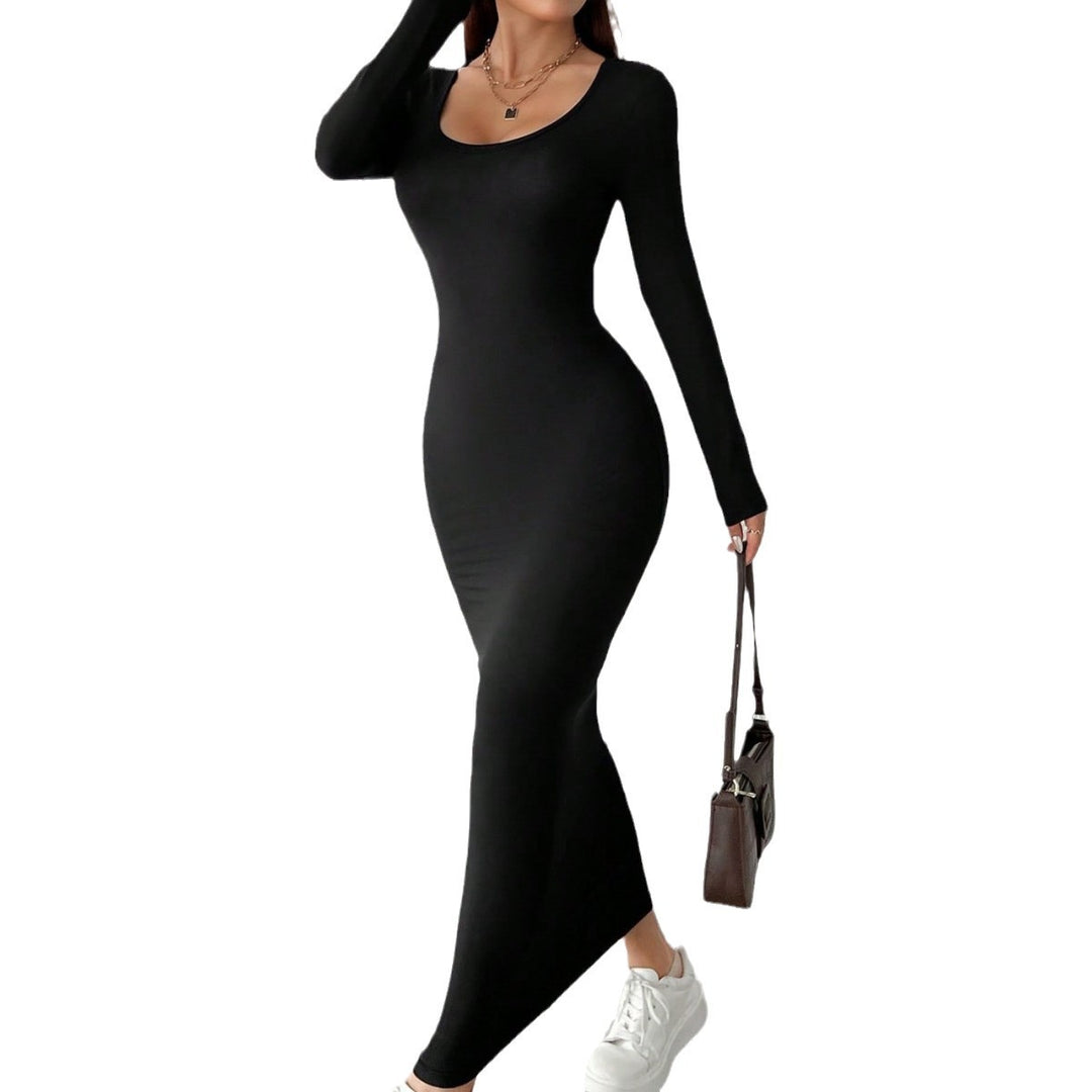 Damen figurbetontes langärmeliges Maxikleid mit tiefem Rundhalsausschnitt formendem Stretch-Jersey und knöchellanger Silhouette Nord Taschen