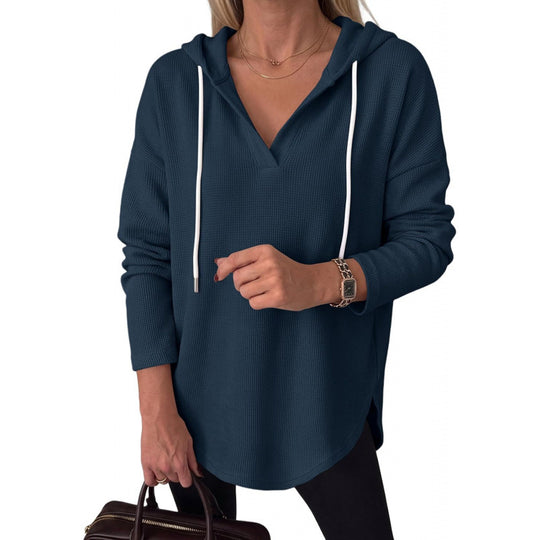 Damen Waffelstrick-Kapuzenpullover mit V-Ausschnitt, Oversize-Schnitt und Seitenschlitzen Nord Taschen