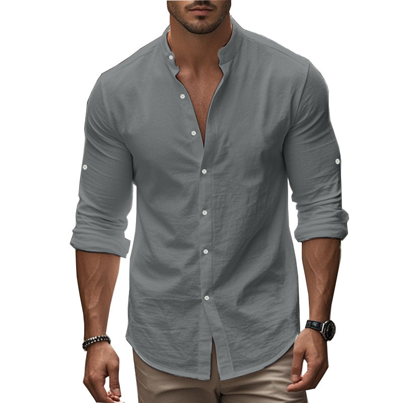 Herren Langarm-Hemd mit modernem Henley-Kragen und kontrastierenden Knopfdetails