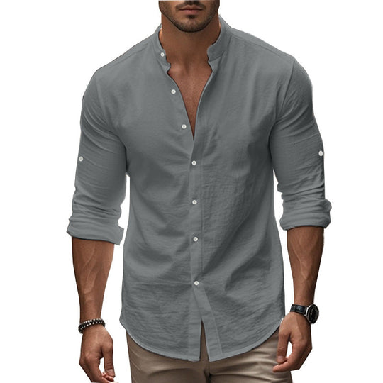 Herren Langarm-Hemd mit modernem Henley-Kragen und kontrastierenden Knopfdetails