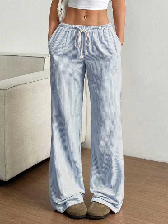 Damen Weite Freizeit-Hose mit Tunnelzug, Gummibund und feiner Streifenstruktur Nord Taschen