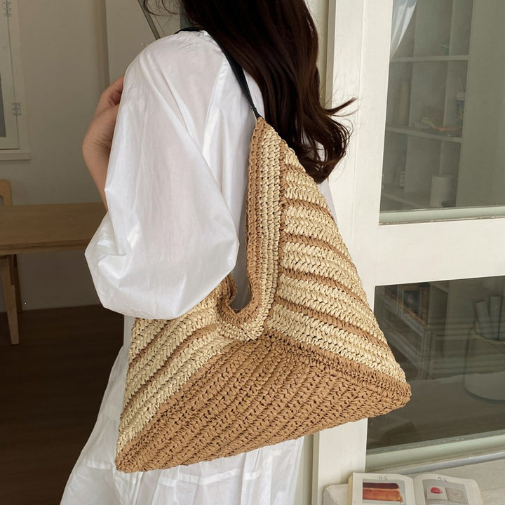 Damen geometrische Strohtasche mit kontrastierenden Streifen Nord Taschen