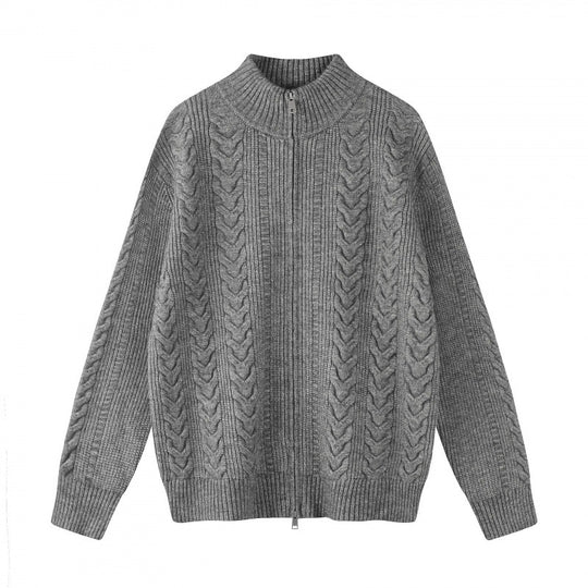 Damen Grobgestrickter Zopfstrick-Cardigan mit durchgehendem Reißverschluss und Stehkragen Nord Taschen