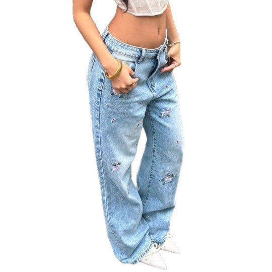 Damen weit geschnittene Hochtaillierte Denim-Jeans mit floraler Stickerei und Destroyed-Details Nord Taschen