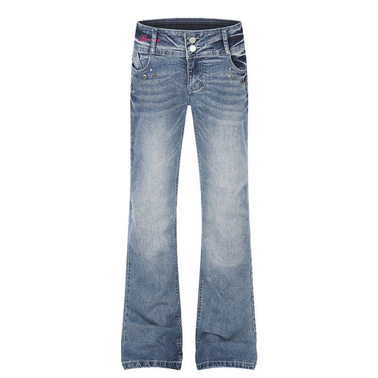 Damen High‑Waist Flared-Jeans mit weitem Bein, Doppelknopf und Nieten-Detail Nord Taschen