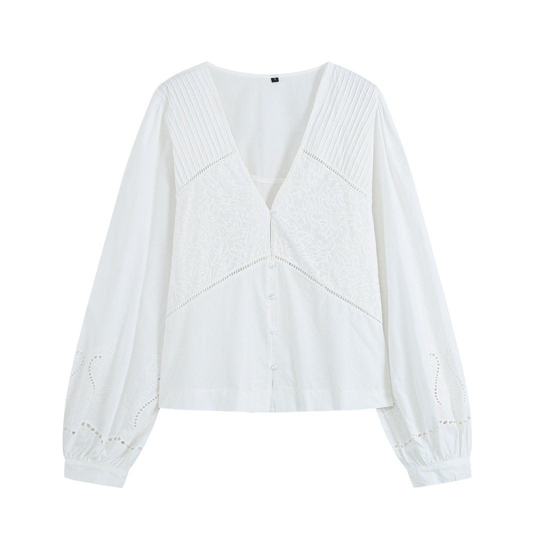 Damen Bluse mit V-Ausschnitt, Broderie‑Stickerei und voluminösen Puffärmeln Nord Taschen