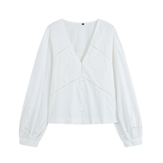 Damen Bluse mit V-Ausschnitt, Broderie‑Stickerei und voluminösen Puffärmeln Nord Taschen