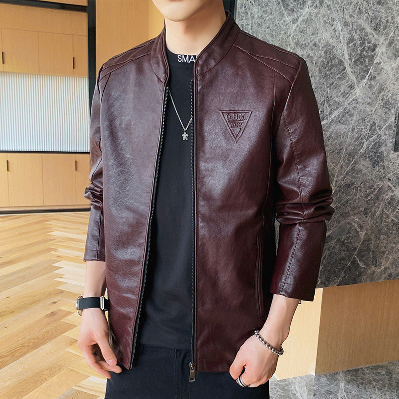 Herren Slim-Fit Kunstleder-Motojacke mit Stehkragen, Zipper-Ärmeln und minimalistischer Logo‑Applikation Nord Taschen