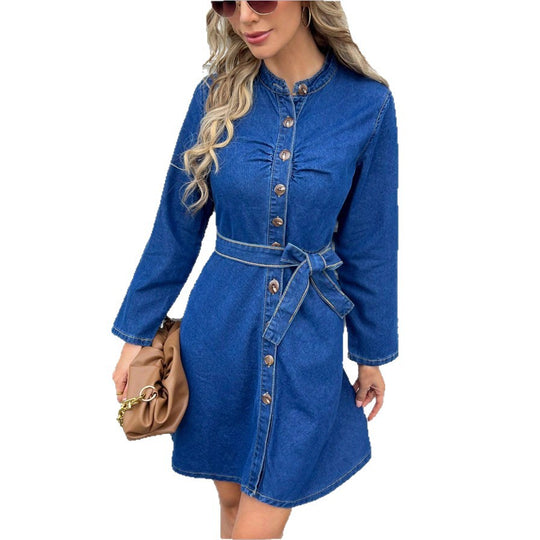 Damen Tailliertes Denim-Kleid mit Knopfleiste und Bindegürtel Nord Taschen