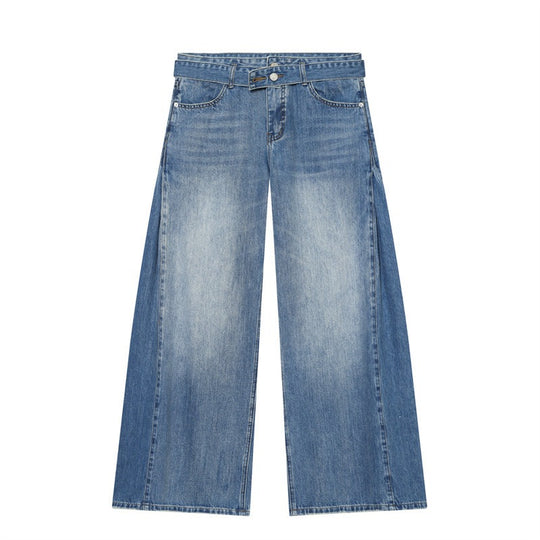 Damen Weite Denim-Hose mit seitlichen Falteneinsätzen, High‑Waist und Taillengürtel Nord Taschen