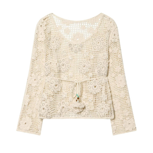 Damen Häkelpullover mit Blumen-Applikationen und Tunnelzug Nord Taschen