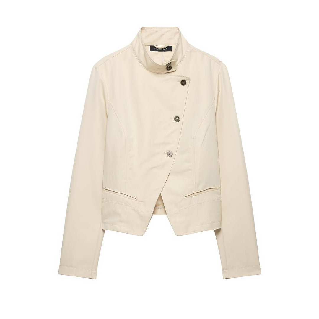 Damen Asymmetrische Cropped Übergangsjacke mit Stehkragen und taillierter Schnittführung Nord Taschen