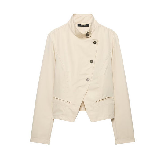 Damen Asymmetrische Cropped Übergangsjacke mit Stehkragen und taillierter Schnittführung Nord Taschen