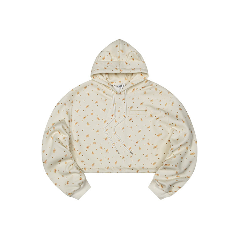 Damen Cropped Kapuzen-Sweatshirt mit Allover-Blumenprint, Brusttasche und gerafftem Saum Nord Taschen