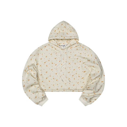 Damen Cropped Kapuzen-Sweatshirt mit Allover-Blumenprint, Brusttasche und gerafftem Saum Nord Taschen