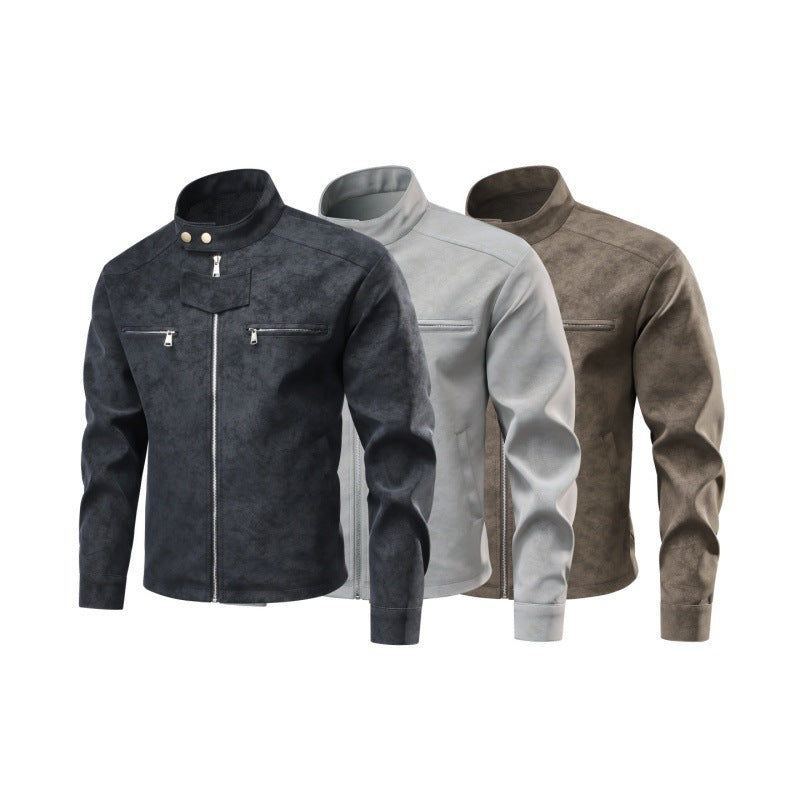 Herren Velourslederoptik-Bikerjacke mit Stehkragen, Brustreißverschlusstaschen & verdeckter Druckknopfblende Nord Taschen