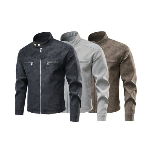 Herren Velourslederoptik-Bikerjacke mit Stehkragen, Brustreißverschlusstaschen & verdeckter Druckknopfblende Nord Taschen