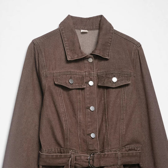 Damen Weicher Denim-Overall mit Hemdkragen, taillierendem Gürtel und weitem Bein Nord Taschen