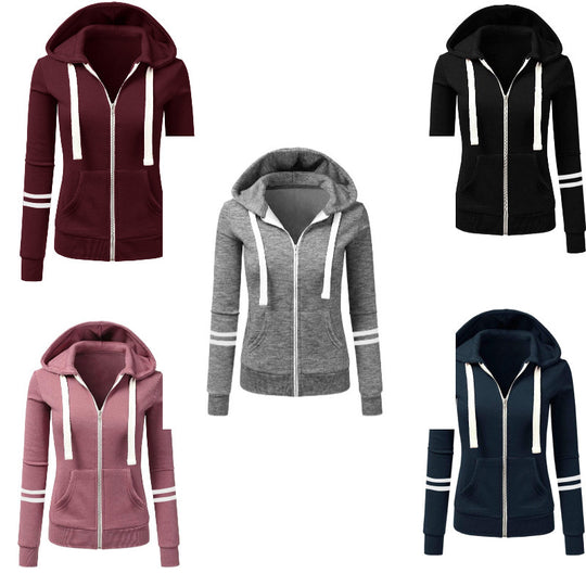 Damen Kapuzenjacke mit Reißverschluss, Kängurutasche und Kontraststreifen Nord Taschen