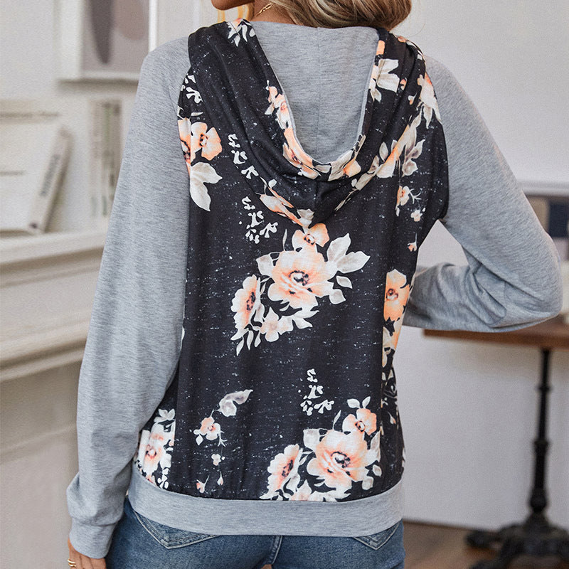 Damen Lässiger Kapuzenpullover mit floralem Print, Raglanärmeln und Kängurutasche Nord Taschen