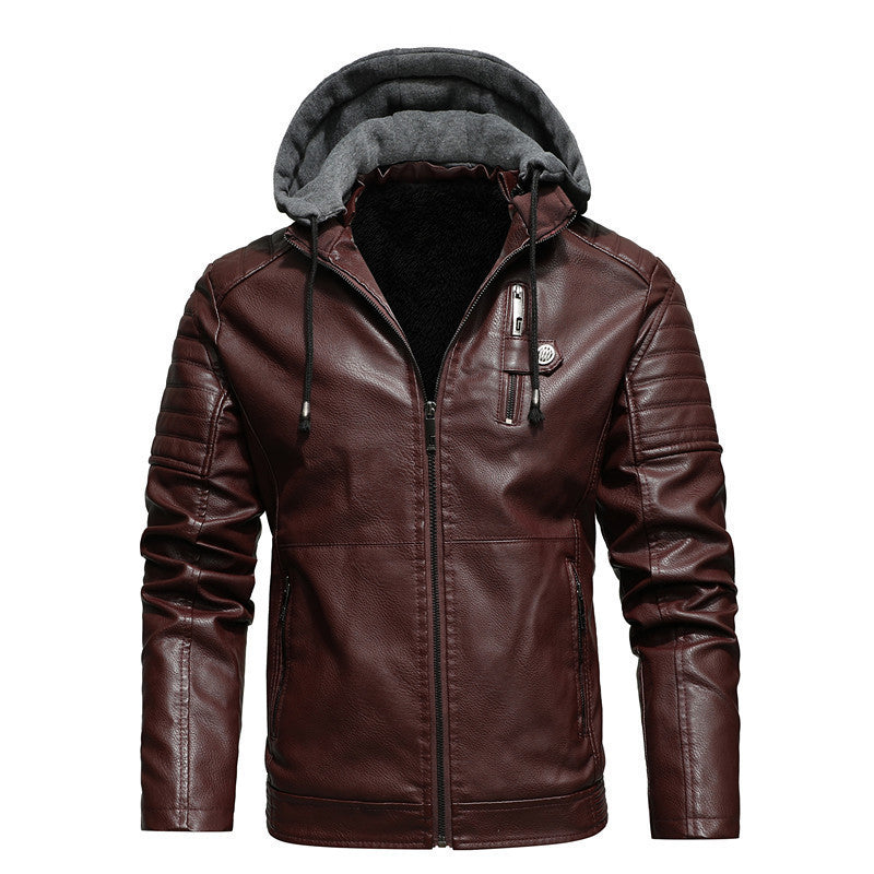 Herren Kunstleder-Hoodie-Blouson mit Teddyfutter, gesteppter Ärmelpasse und Kapuzenlayer Nord Taschen