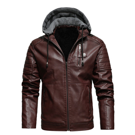 Herren Kunstleder-Hoodie-Blouson mit Teddyfutter, gesteppter Ärmelpasse und Kapuzenlayer Nord Taschen