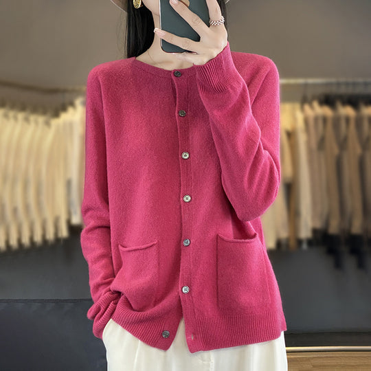 Damen Langer Feinstrick-Cardigan mit Rundhalsausschnitt, Eingrifftaschen und Alpaka-Mix Nord Taschen